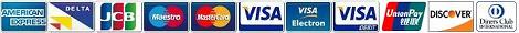 All major Credit and Debit cards accepted:
Amex, Delta, JCB, Maestro, Mastercard, MC Debit,
Visa, Visa Debit, Visa Electron, UnionPay, Discover, Diners. Major Credit and Debit cards accepted:
Amex, Delta, JCB, Maestro, Mastercard, MC Debit,
Visa, Visa Debit, Visa Electron, UnionPay, Discover, Diners.